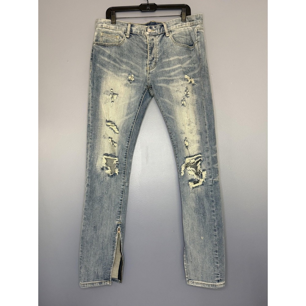 MNML Jeans Mens 34x32 Blue Light Wash Distressed Skinny Ankle Zip Button Fly